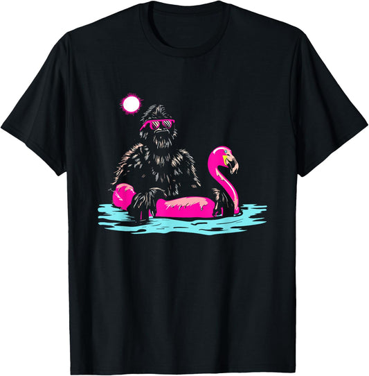 Bigfoot Pool Party Flamingo - Funny Sasquatch Pink Float T-Shirt - T-Shirt | Black