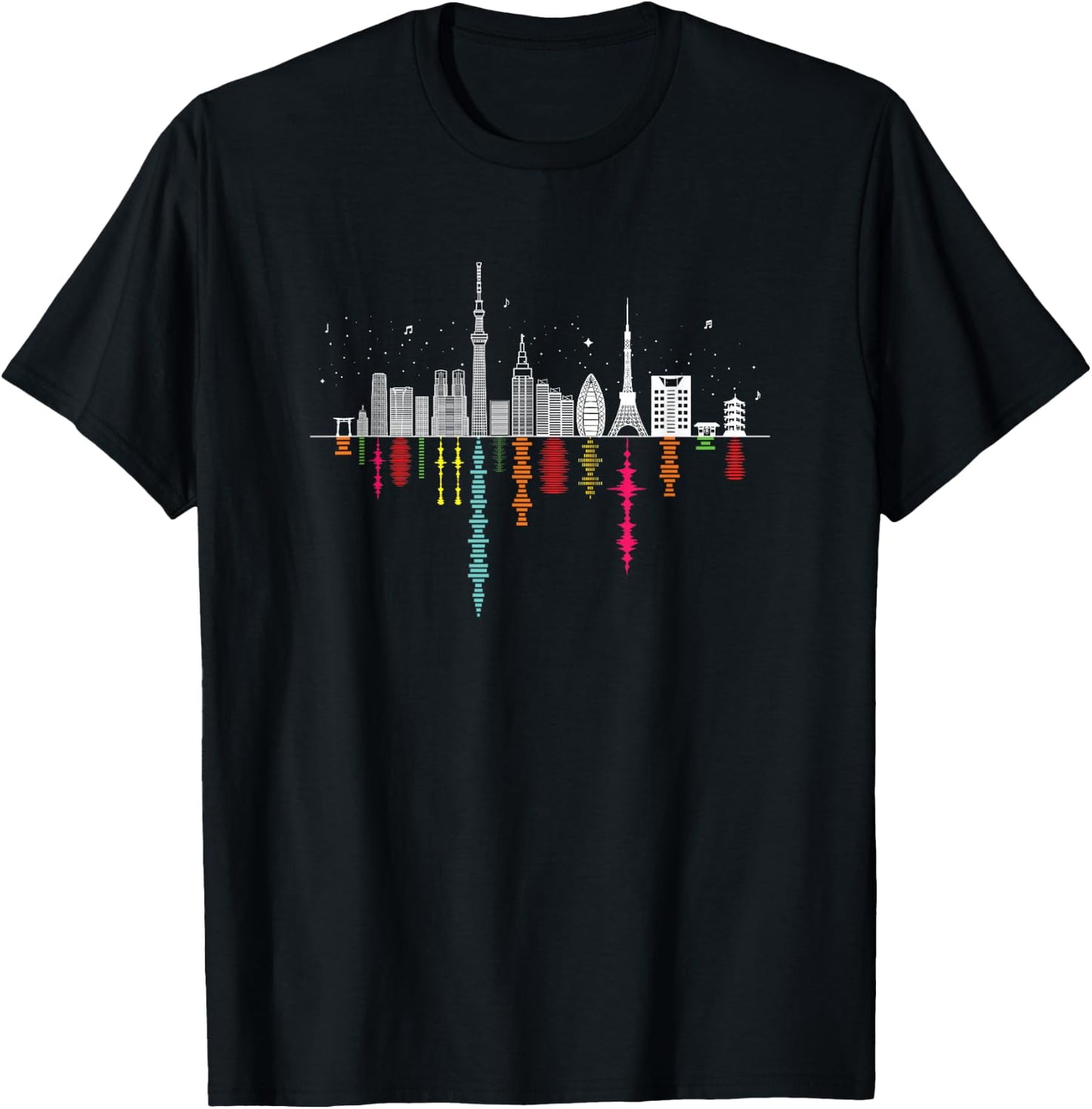 Tokyo Japan Night Skyline - Music & Sound Wave Reflections T-Shirt - T-Shirt | Black