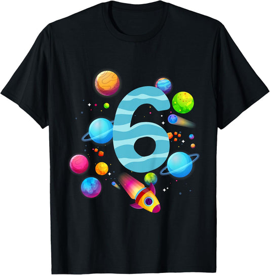 Kids 6th Birthday Boys 6 Years Planets Space Birthday , black T-Shirt - T-Shirt | Black