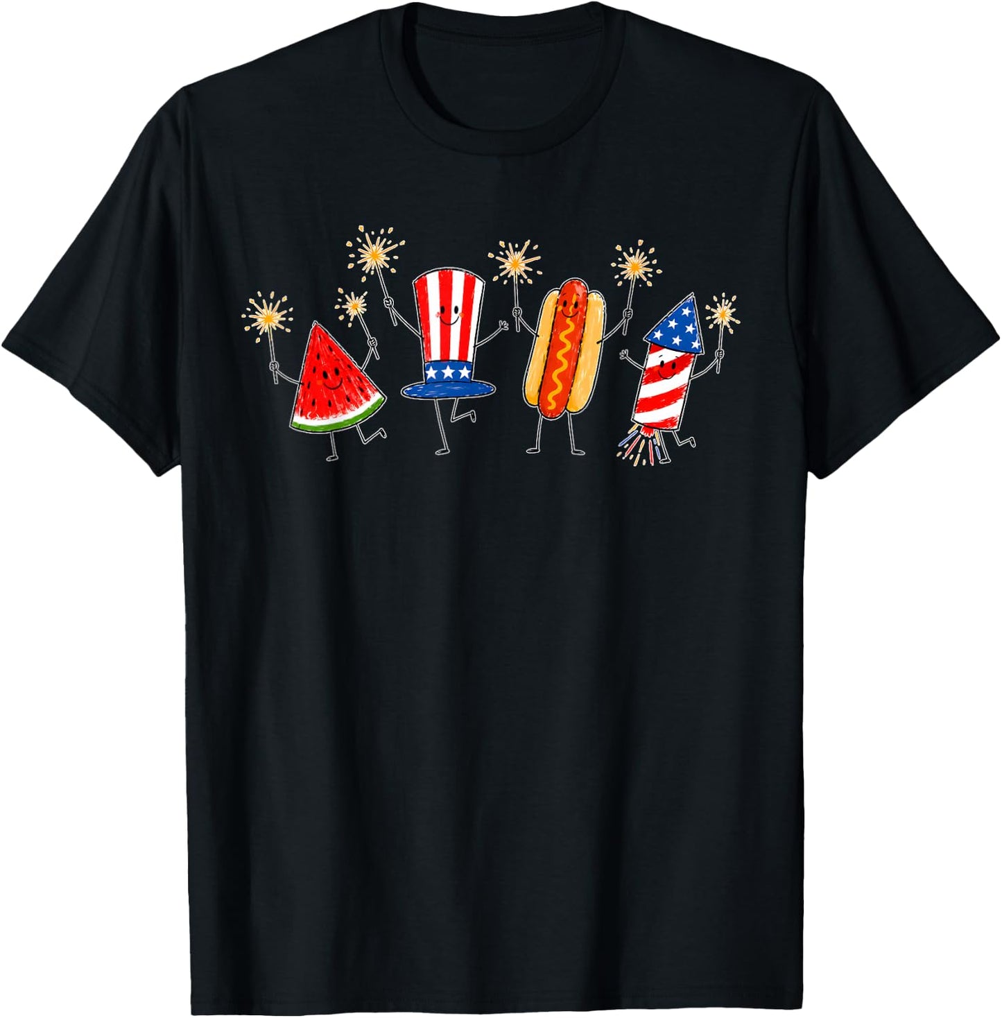 Fourth of July Patriotic Doodle Watermelon Hotdog Firework T-Shirt - T-Shirt | Black