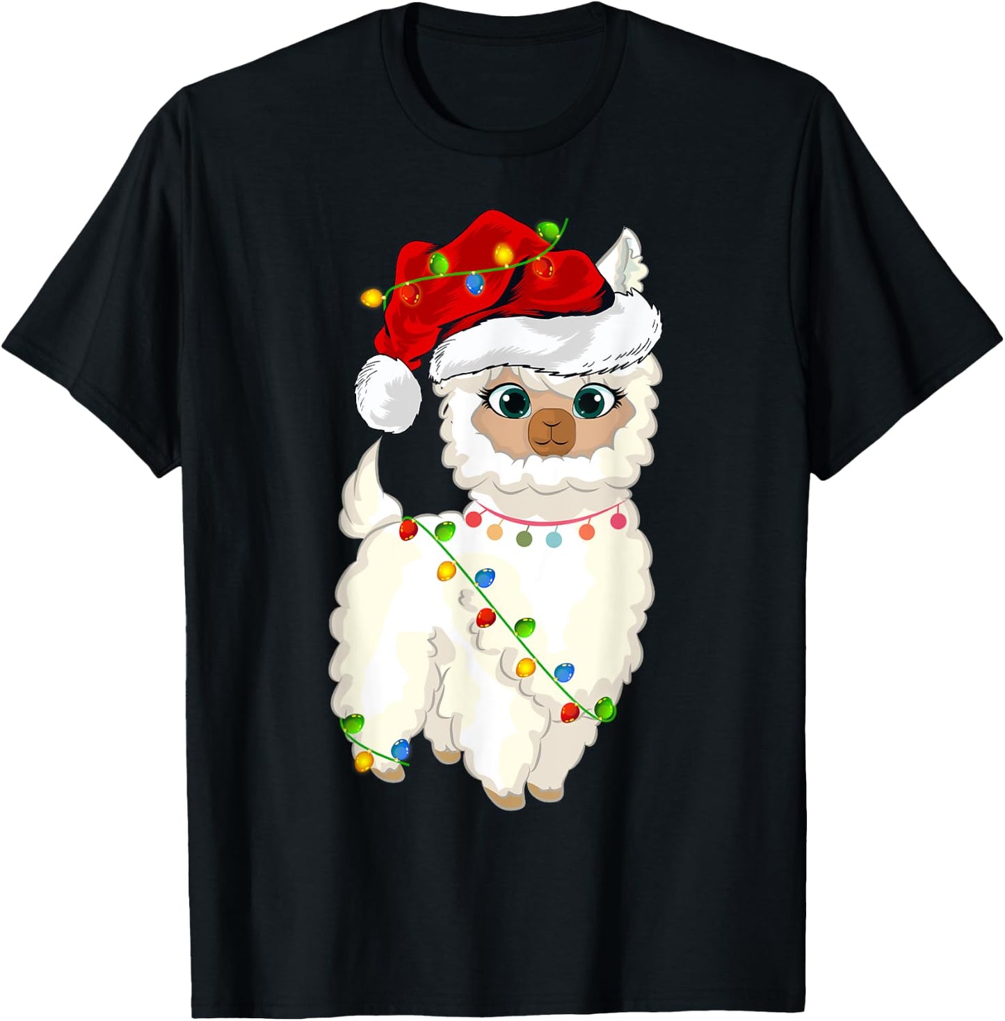 Xmas Lights Santa Hat Llama Christmas T-Shirt - T-Shirt | Black