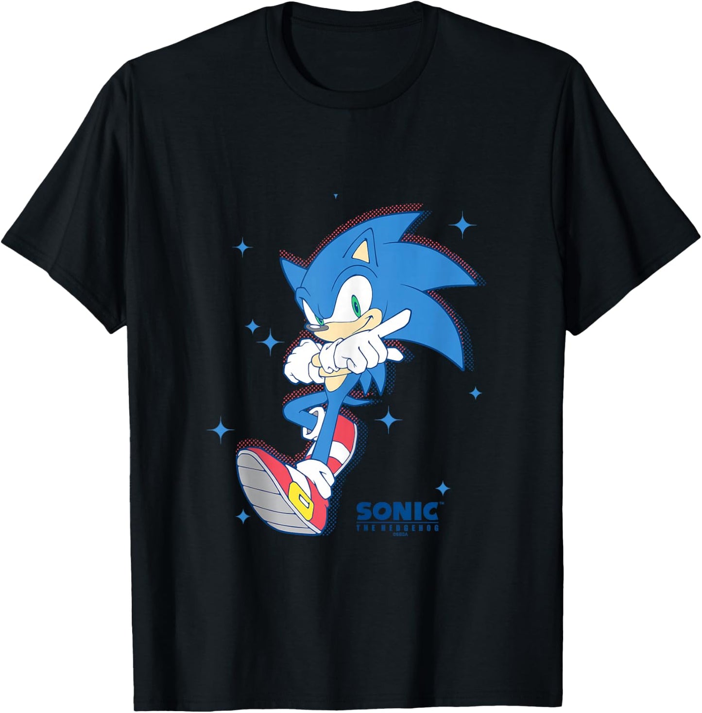 Sonic The Hedgehog Sonic Pointing Stance Star Background T-Shirt - T-Shirt | Black