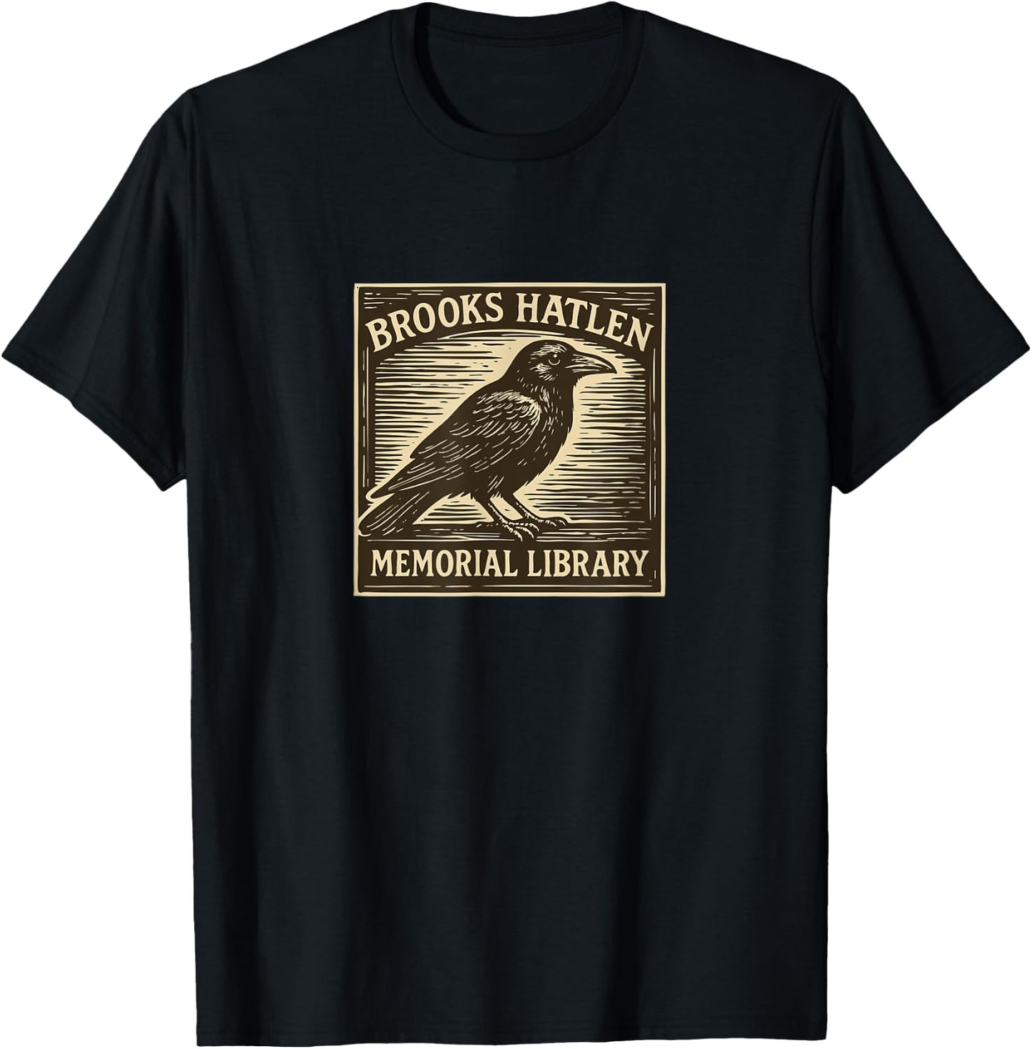Brooks Hatlen Memorial (fictional) Library woodcut with Crow T-Shirt - T-Shirt | Black