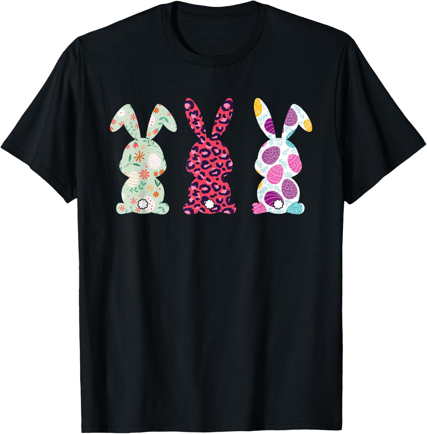 Cute Pink Leopard Eggs Flower Happy Easter Bunny Rabbit T-Shirt - T-Shirt | Black