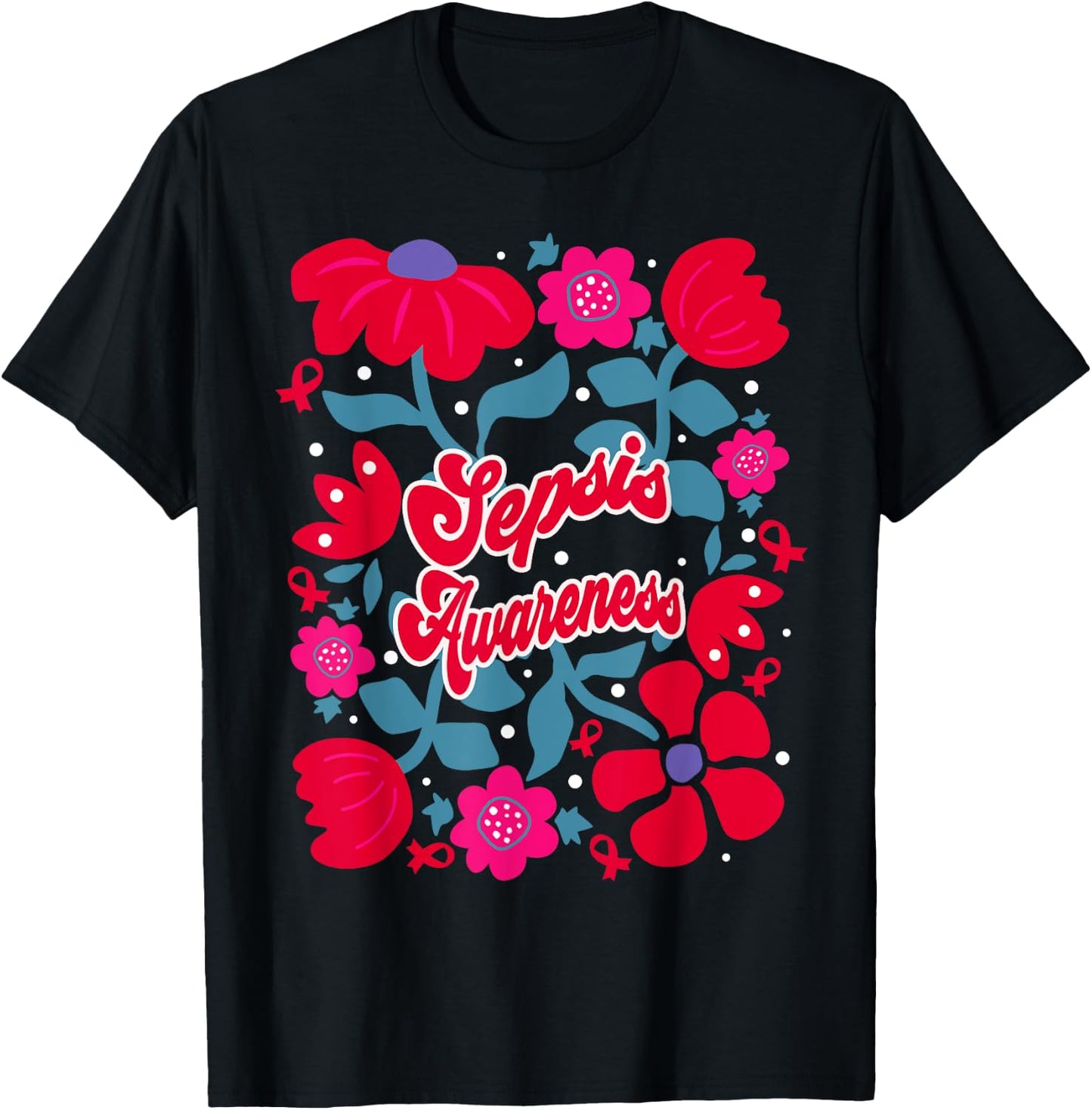 Sepsis Awareness Groovy Red Boho Flower Art Ribbon T-Shirt - T-Shirt | Black