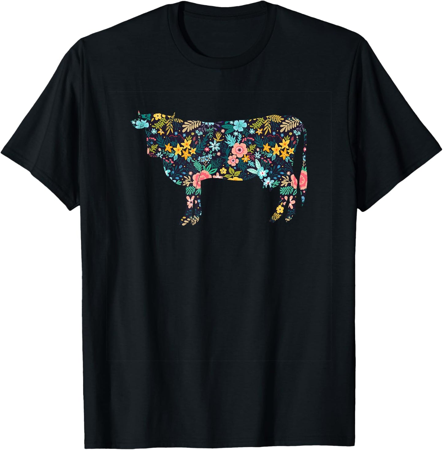Floral Cow Silhouette Girls Cow Farm Animal T-Shirt - T-Shirt | Black