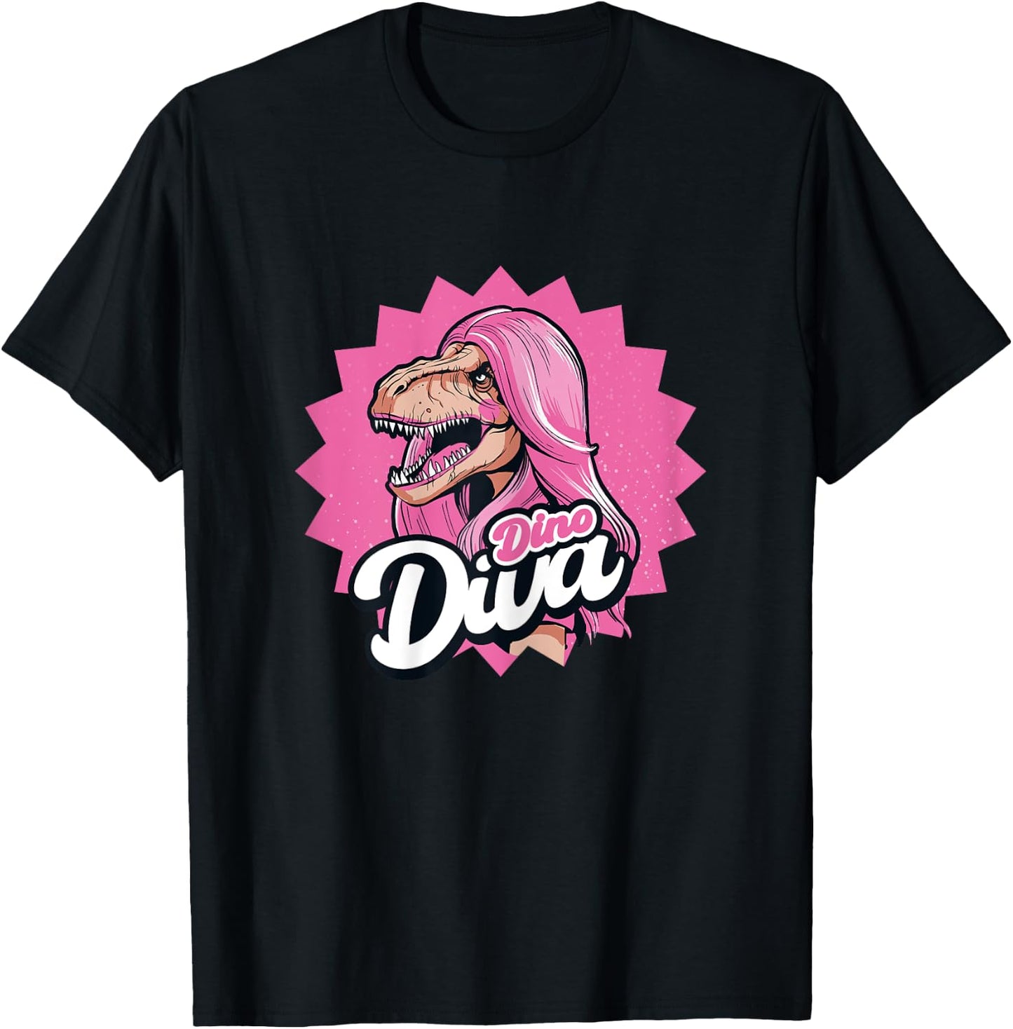 Dino Diva Dinosaur Pink Hair Funny T-Shirt - T-Shirt | Black
