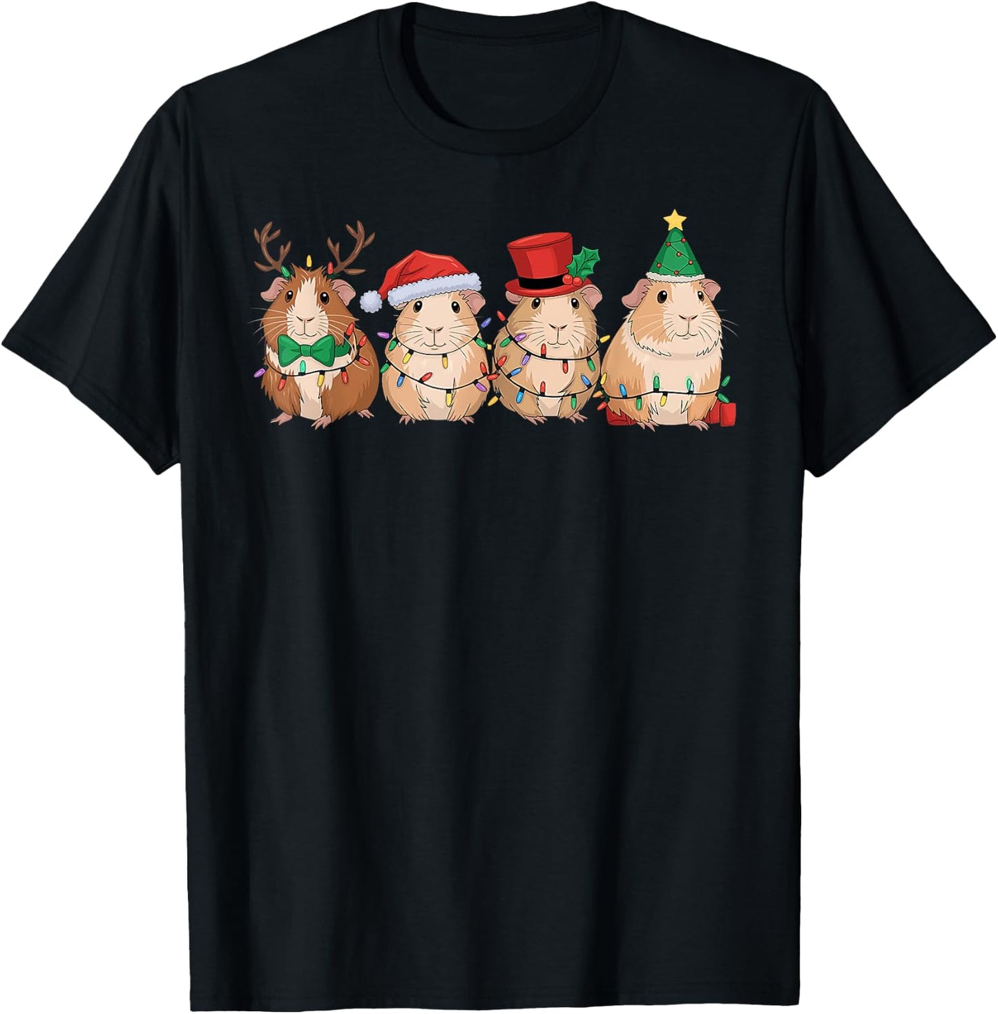 Merry Pigmas Cute Santa Guinea Pig Squad Christmas Lights T-Shirt - T-Shirt | Black