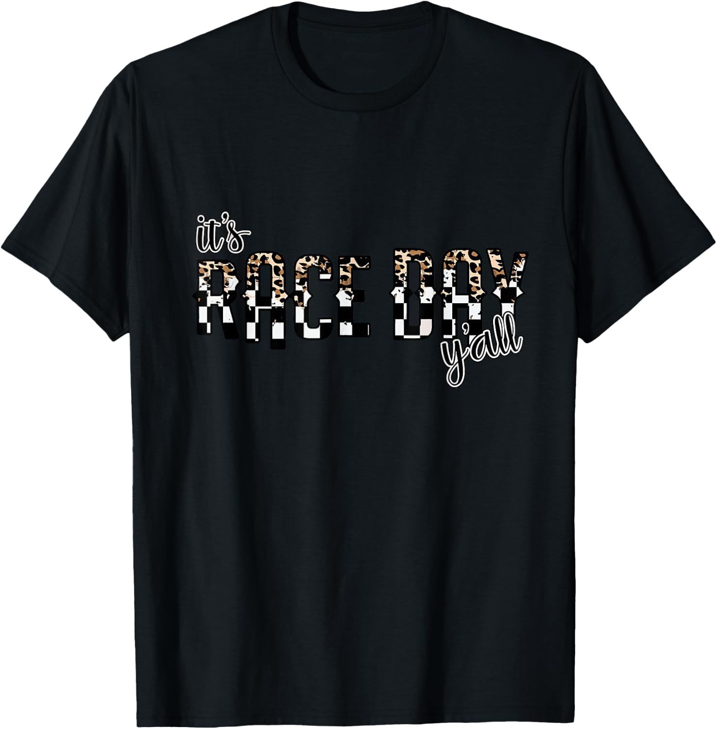 Leopard It's Race Day Y'all, Checkered Flag Racing T-Shirt - T-Shirt | Black
