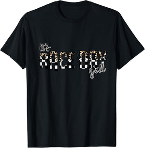 Leopard It's Race Day Y'all, Checkered Flag Racing T-Shirt - T-Shirt | Black