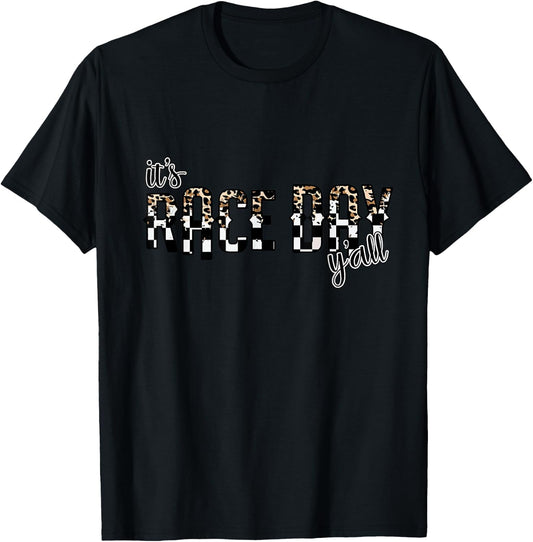 Leopard It's Race Day Y'all, Checkered Flag Racing T-Shirt - T-Shirt | Black