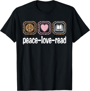 Peace Love Read Leopard Print Women Girls Kids Book Reading T-Shirt - T-Shirt | Black