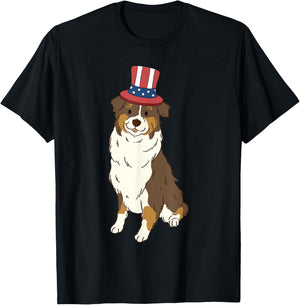 Red Tri Australian Shepherd Dog 4th of July US American Flag T-Shirt - T-Shirt | Black