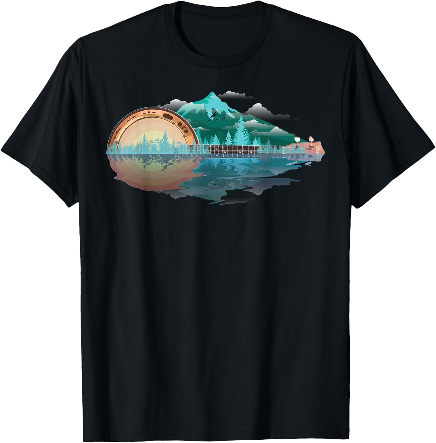 Cool Retro Banjo Mountains & Sun | Funny Bluegrass Fan Gift T-Shirt - T-Shirt | Black