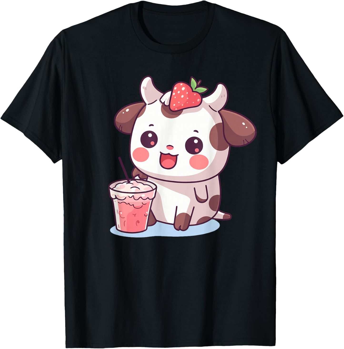 Cow Print Strawberry Milk Kids Toddler Teen Girl Cute Kawaii T-Shirt - T-Shirt | Black