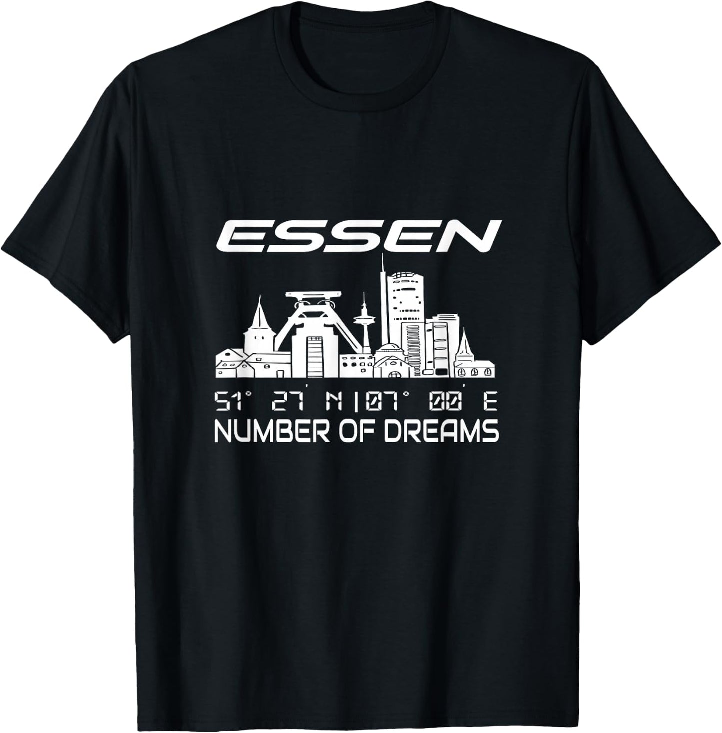 GPS Koordinaten und Skylines deutscher Traumstädte Erwachsene Schwarz Kurzarm S Stadt Essen Skyline Koordinaten Ruhrpott Ruhrgebiet Stadt Essen T-Shirt - T-Shirt | Black