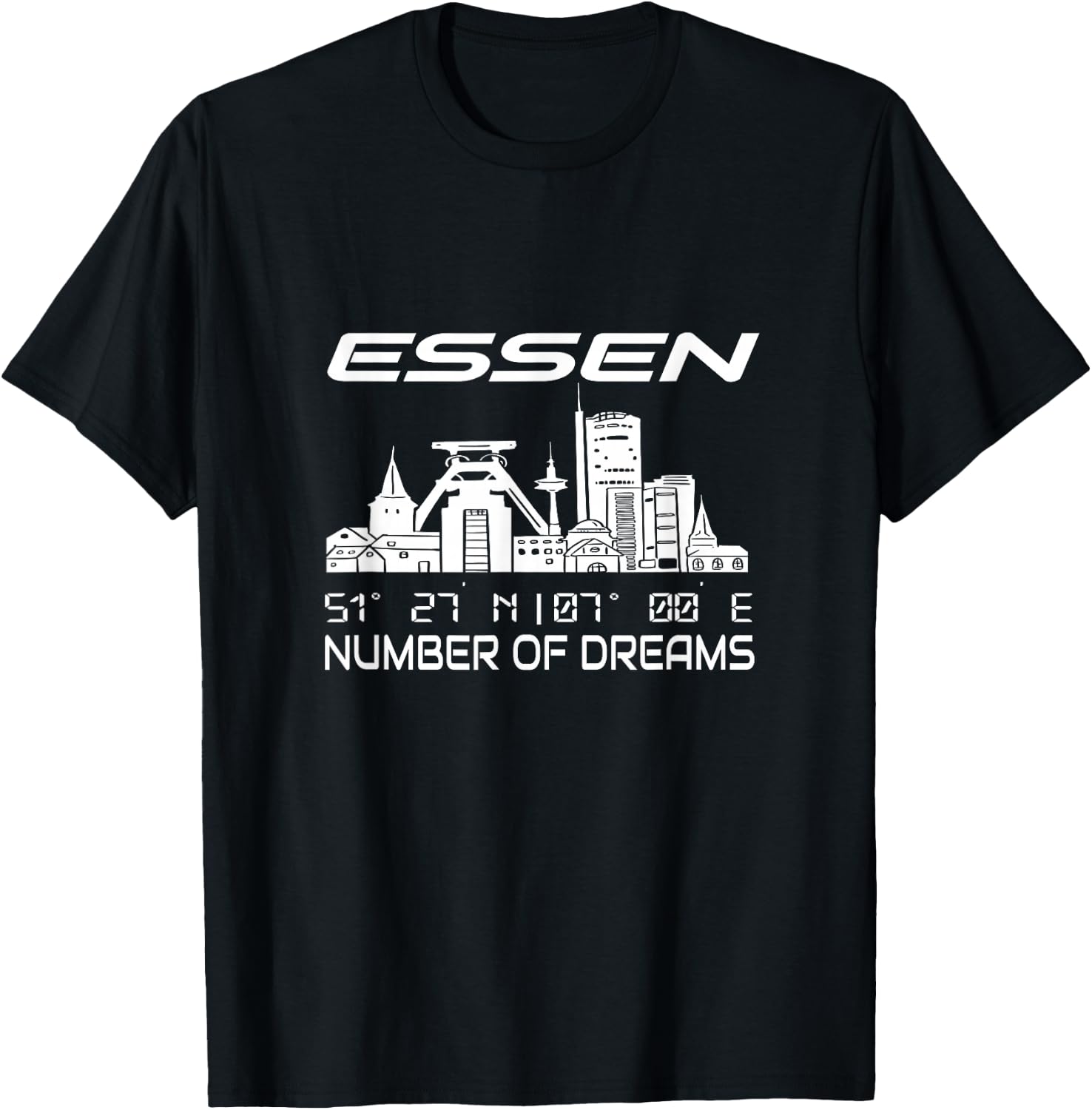 GPS Koordinaten und Skylines deutscher Traumstädte Erwachsene Schwarz Kurzarm S Stadt Essen Skyline Koordinaten Ruhrpott Ruhrgebiet Stadt Essen T-Shirt - T-Shirt | Black