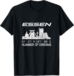 GPS Koordinaten und Skylines deutscher Traumstädte Erwachsene Schwarz Kurzarm S Stadt Essen Skyline Koordinaten Ruhrpott Ruhrgebiet Stadt Essen T-Shirt - T-Shirt | Black