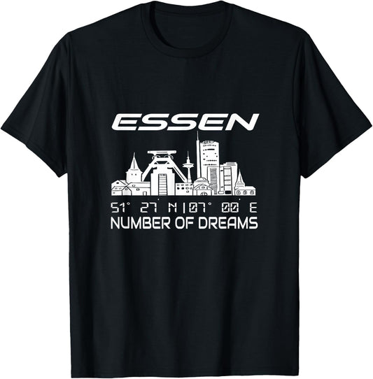 GPS Koordinaten und Skylines deutscher Traumstädte Erwachsene Schwarz Kurzarm S Stadt Essen Skyline Koordinaten Ruhrpott Ruhrgebiet Stadt Essen T-Shirt - T-Shirt | Black