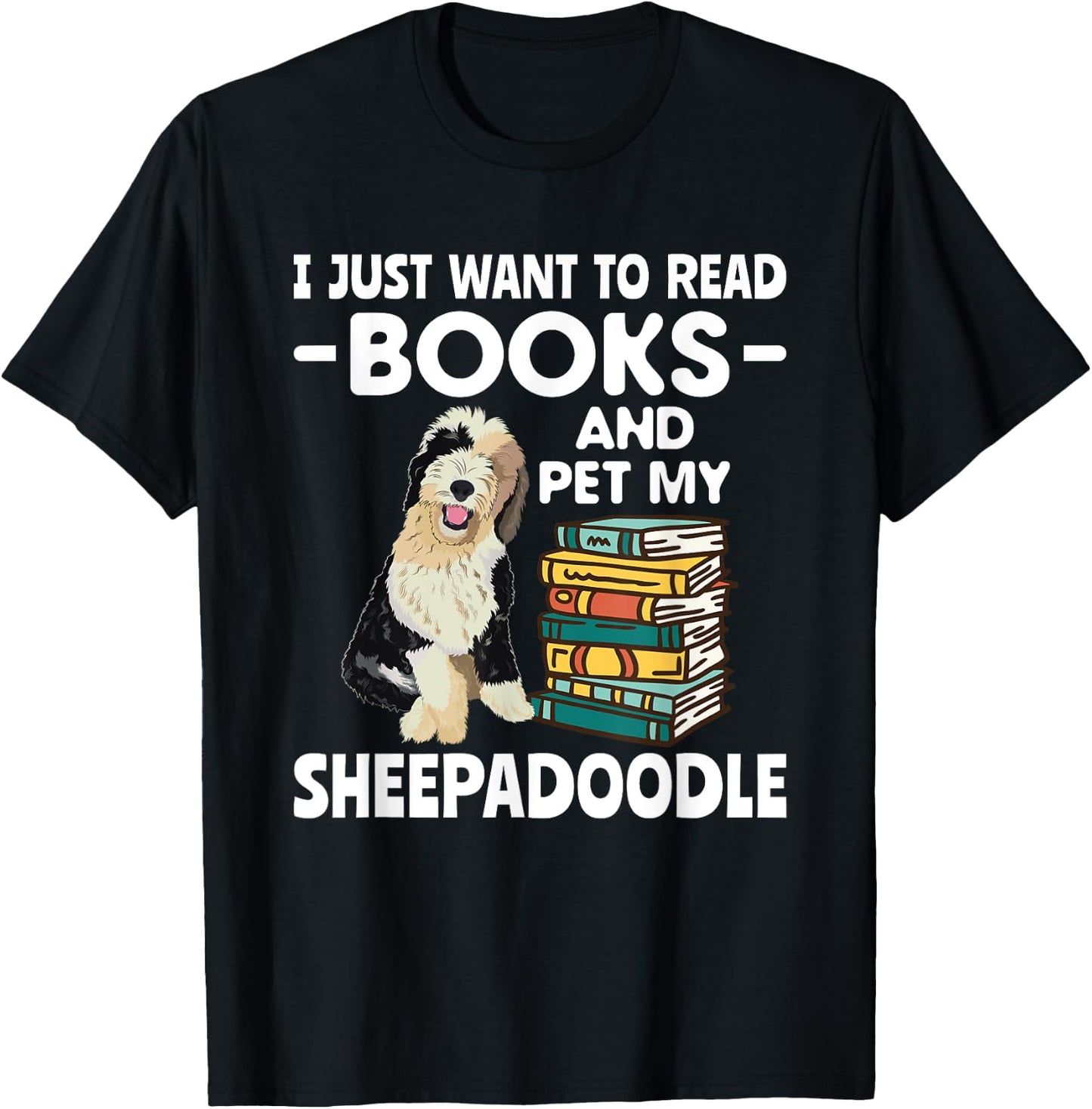 Books Reading Doodle Dog Sheepadoodle T-Shirt - T-Shirt | Black