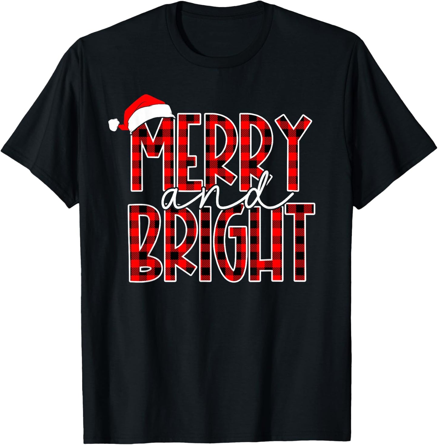Merry and Bright Buffalo Plaid Red Santa Hat Christmas Xmas T-Shirt - T-Shirt | Black