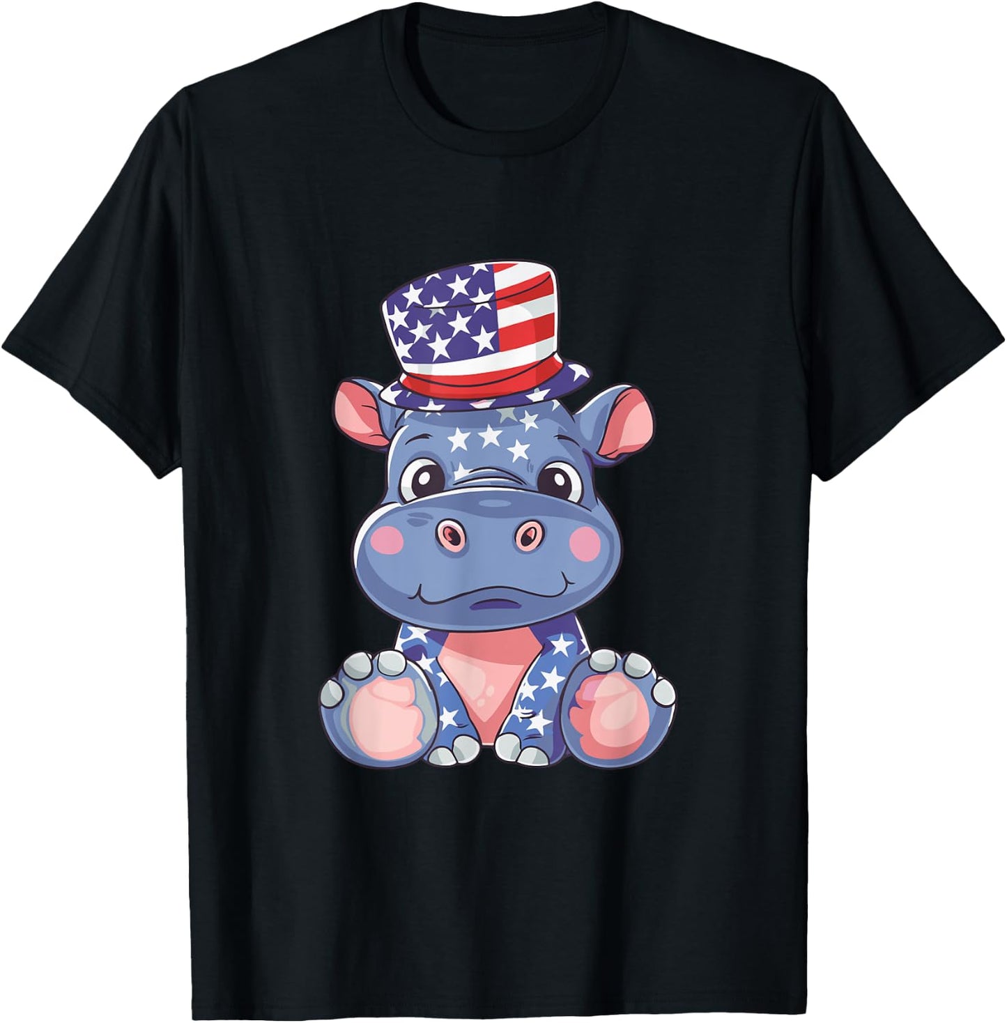 Cute Hippo USA Flag | 4th Of July T-Shirt - T-Shirt | Black