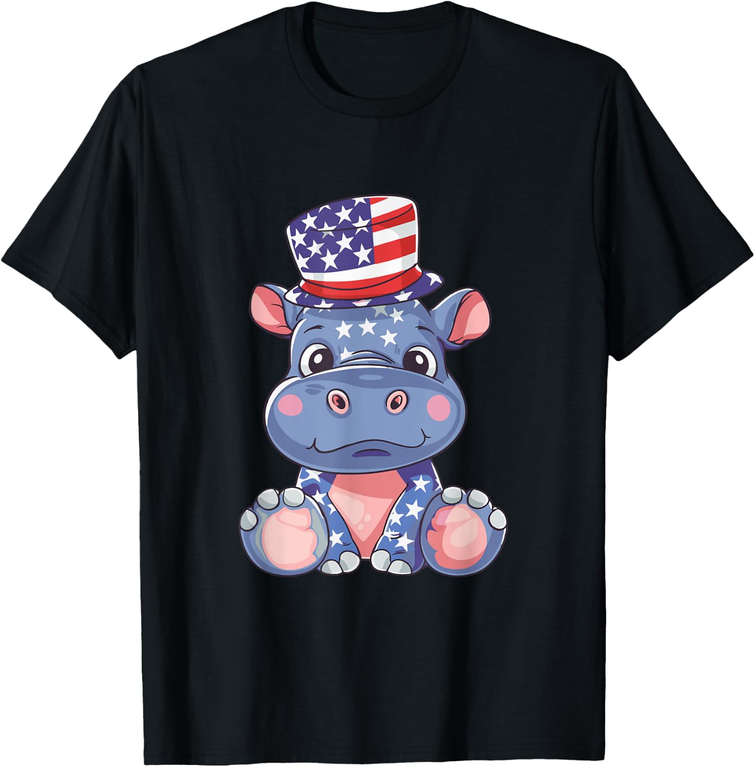 Cute Hippo USA Flag | 4th Of July T-Shirt - T-Shirt | Black