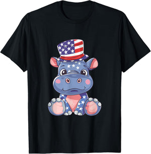 Cute Hippo USA Flag | 4th Of July T-Shirt - T-Shirt | Black