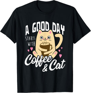 Cat & Coffee Mug - Funny Cat Lover Gift Women T-Shirt - T-Shirt | Black