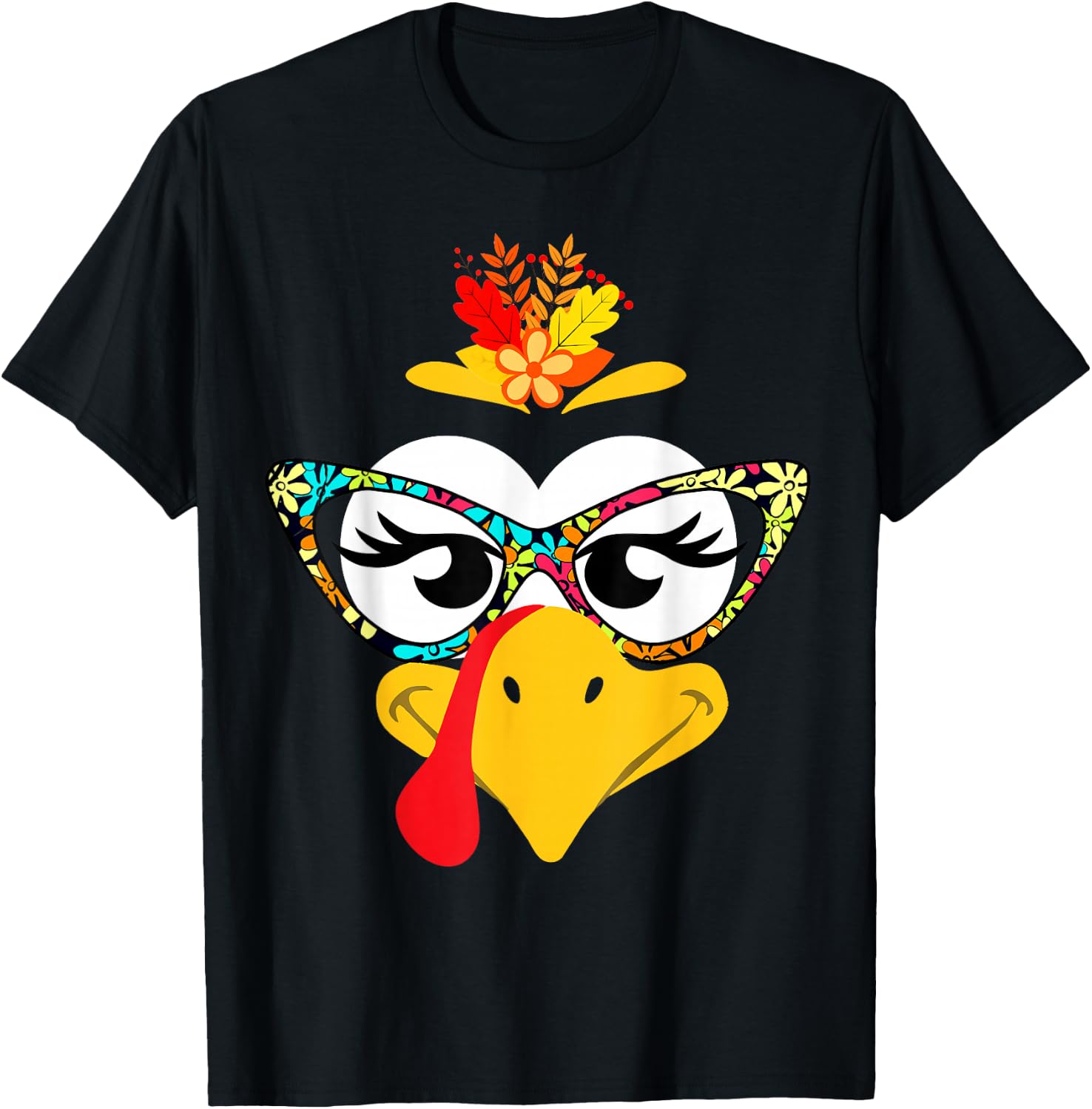 Thanksgiving Funny Turkey Face Colorful Floral Sunglasses T-Shirt - T-Shirt | Black