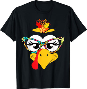 Thanksgiving Funny Turkey Face Colorful Floral Sunglasses T-Shirt - T-Shirt | Black
