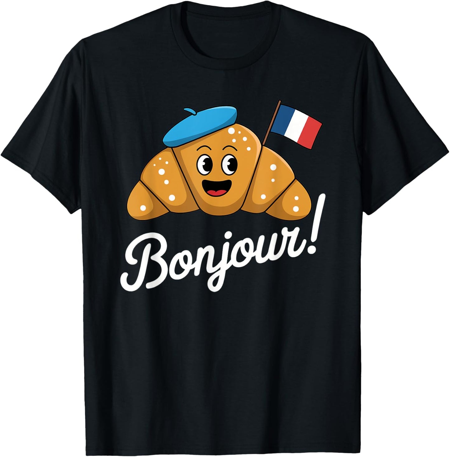 Hello Croissant Cartoon French Pastry Humor Croissant Cute T-Shirt - T-Shirt | Black