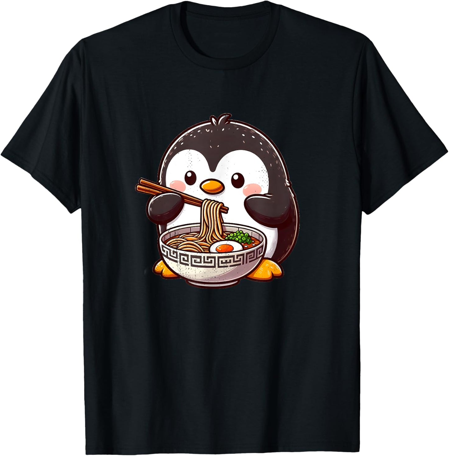Cute Penguin Eating Ramen With Chopsticks , Black, S T-Shirt - T-Shirt | Black