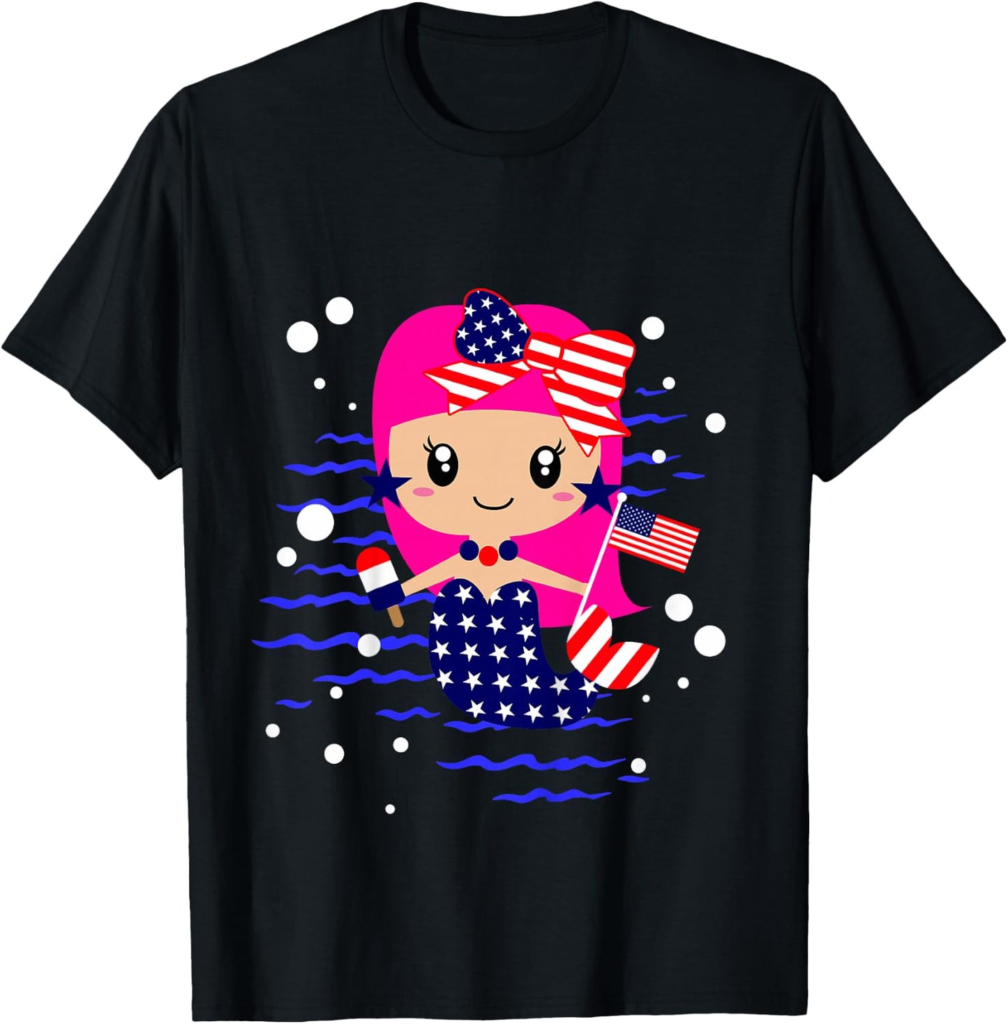 Girls 4th of July Cute Mermaid Toddler Patriotic Baby Flag T-Shirt - T-Shirt | Black