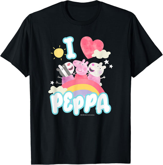 Peppa Pig Group Shot I Love Peppa Rainbow Friendship Logo T-Shirt - T-Shirt | Black