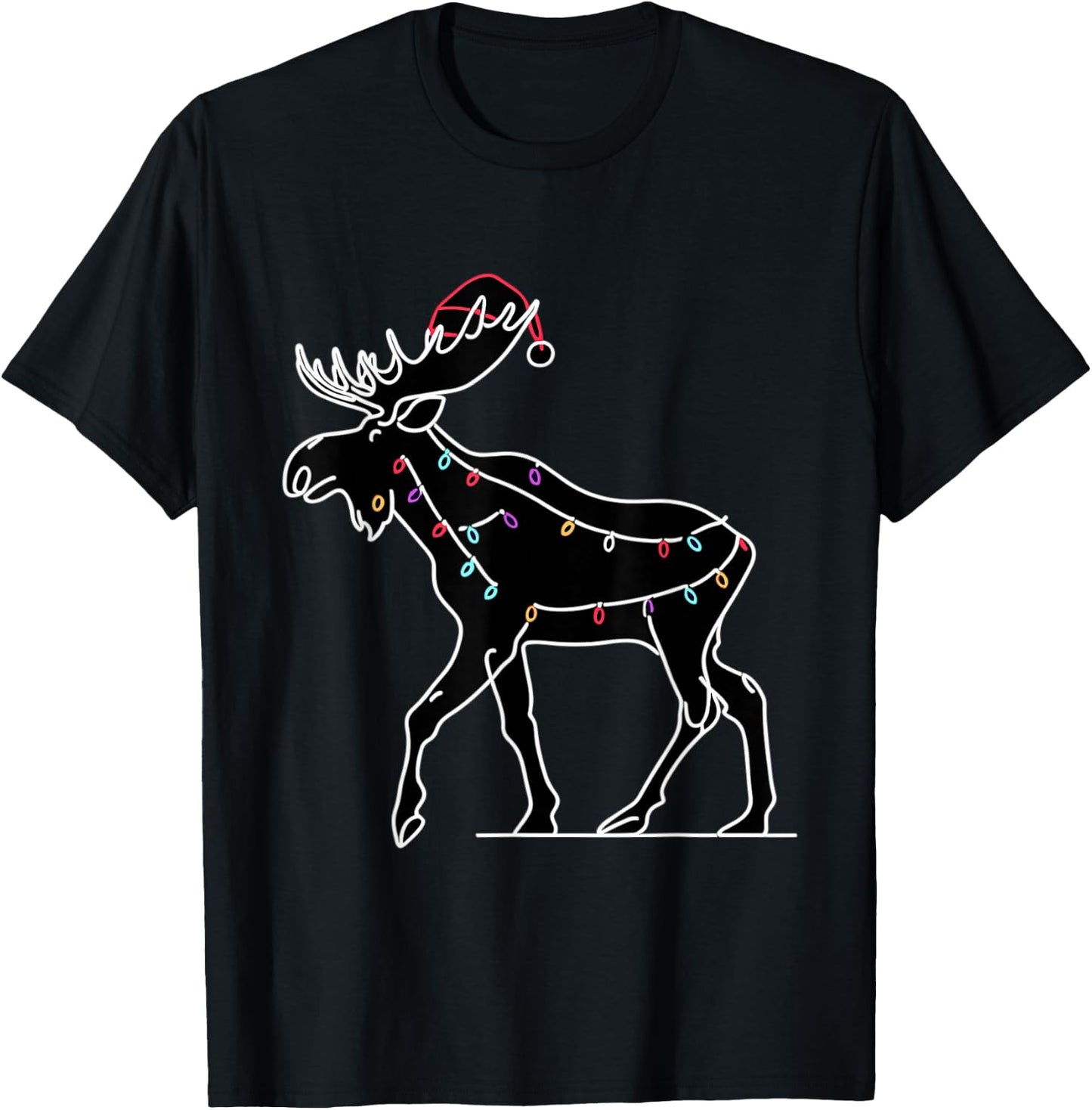 Moose Santa Hat Christmas Tree Lights Ugly Pajama Lover T-Shirt - T-Shirt | Black