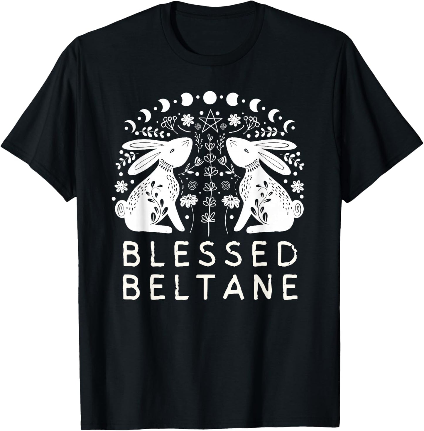 Pagan Rabbits and Flowers Beltane Blessings Paganism T-Shirt - T-Shirt | Black