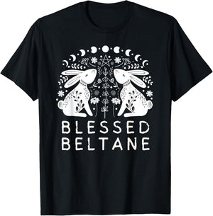 Pagan Rabbits and Flowers Beltane Blessings Paganism T-Shirt - T-Shirt | Black