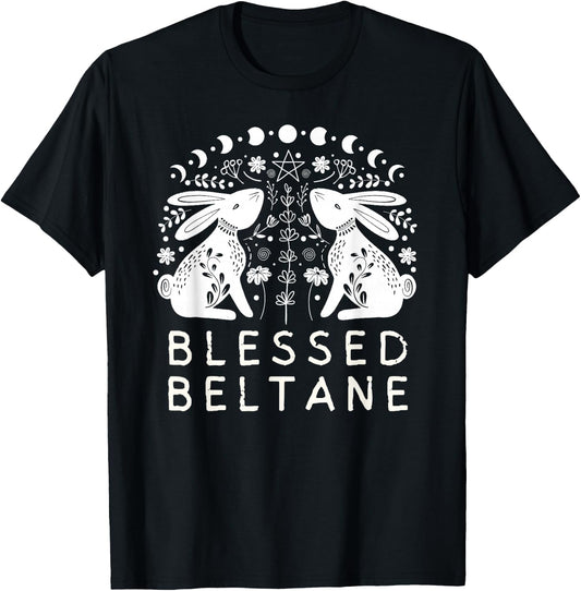 Pagan Rabbits and Flowers Beltane Blessings Paganism T-Shirt - T-Shirt | Black