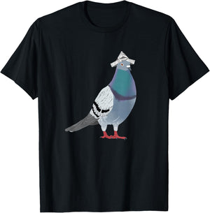 Pigeon with Newspaper Hat , black T-Shirt - T-Shirt | Black