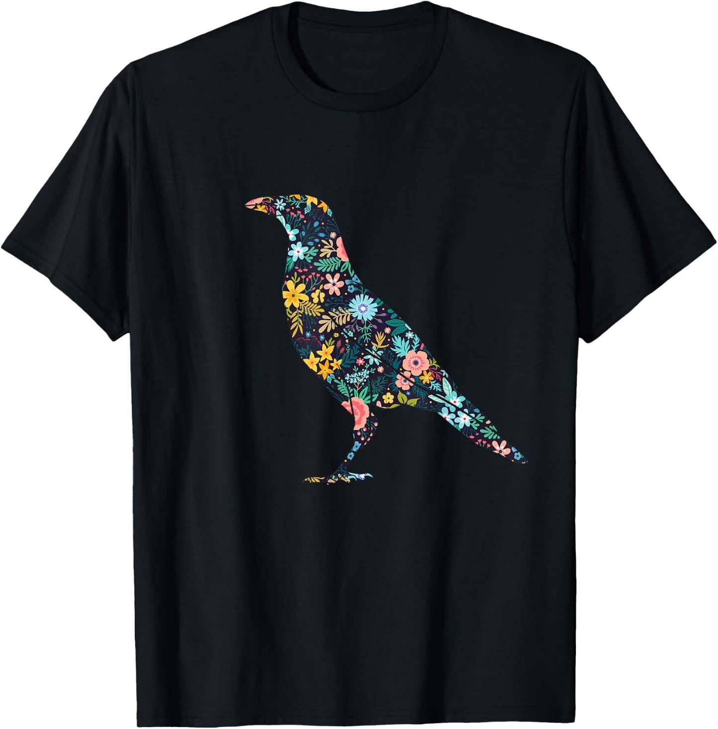 Floral Crow Silhouette Girls Graphic Raven T-Shirt - T-Shirt | Black