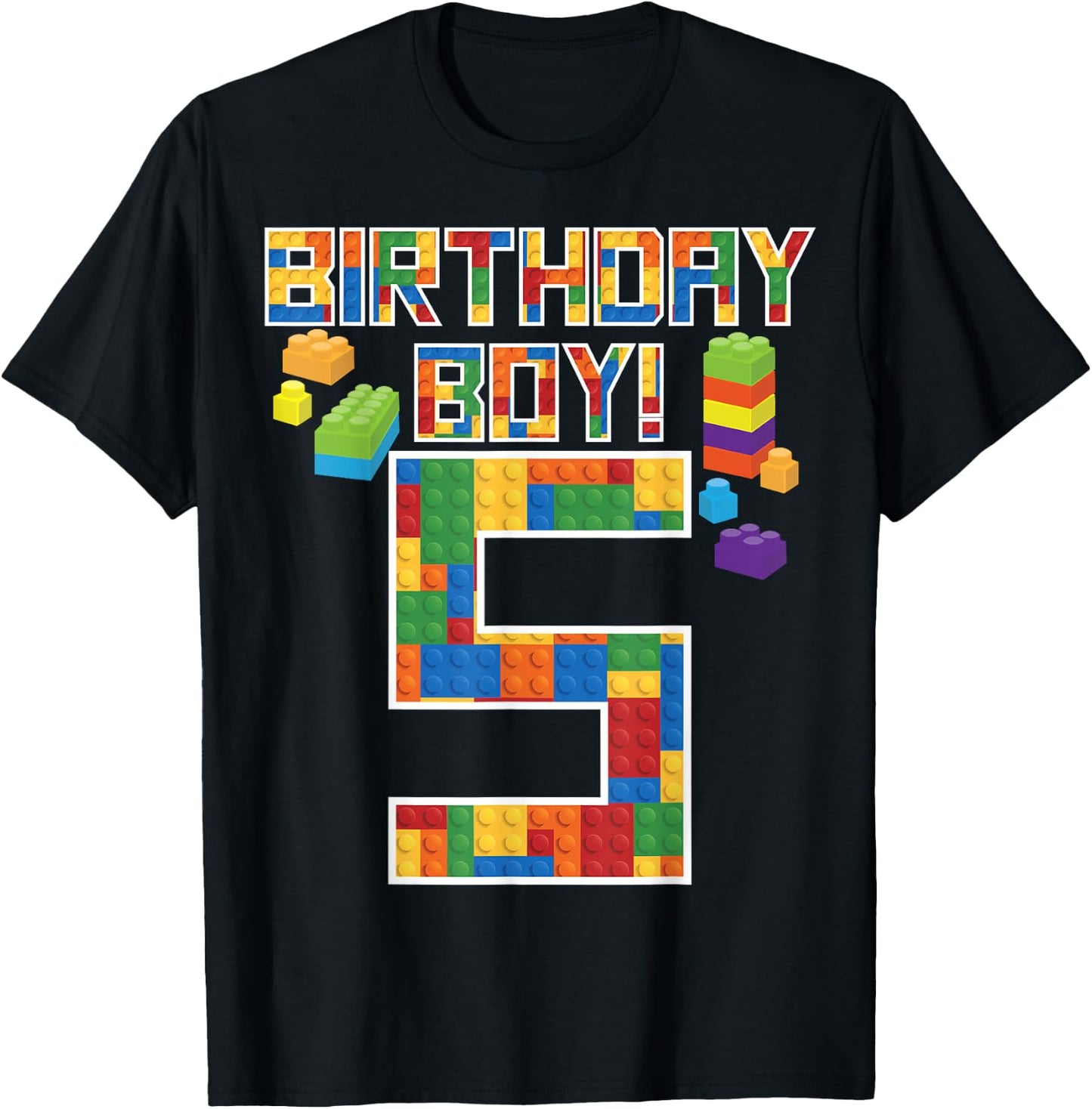 Cute 5th Birthday Gift 5 Years Old Block Building Boys Kids T-Shirt - T-Shirt | Black