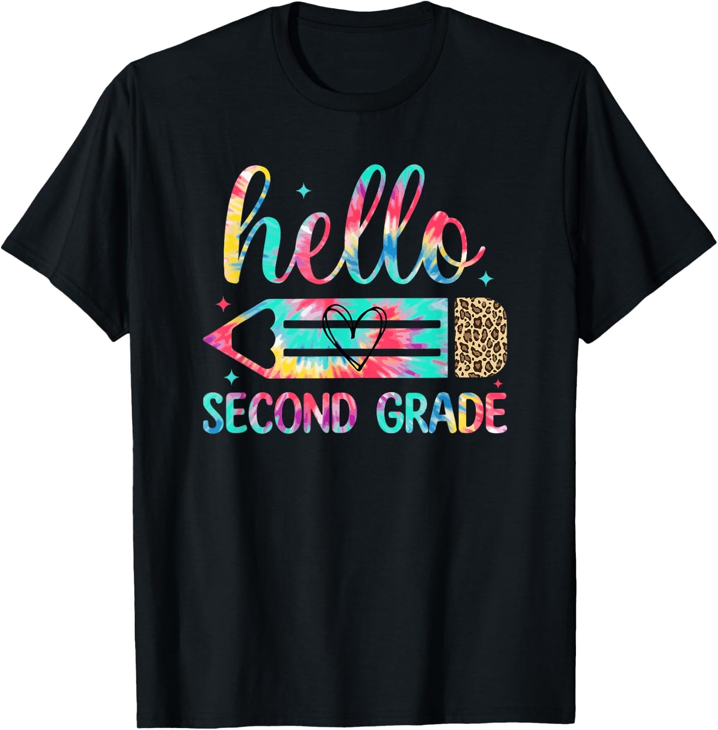 Back to School Hello Second 2nd Grade Leopard Tie Dye Pencil T-Shirt - T-Shirt | Black