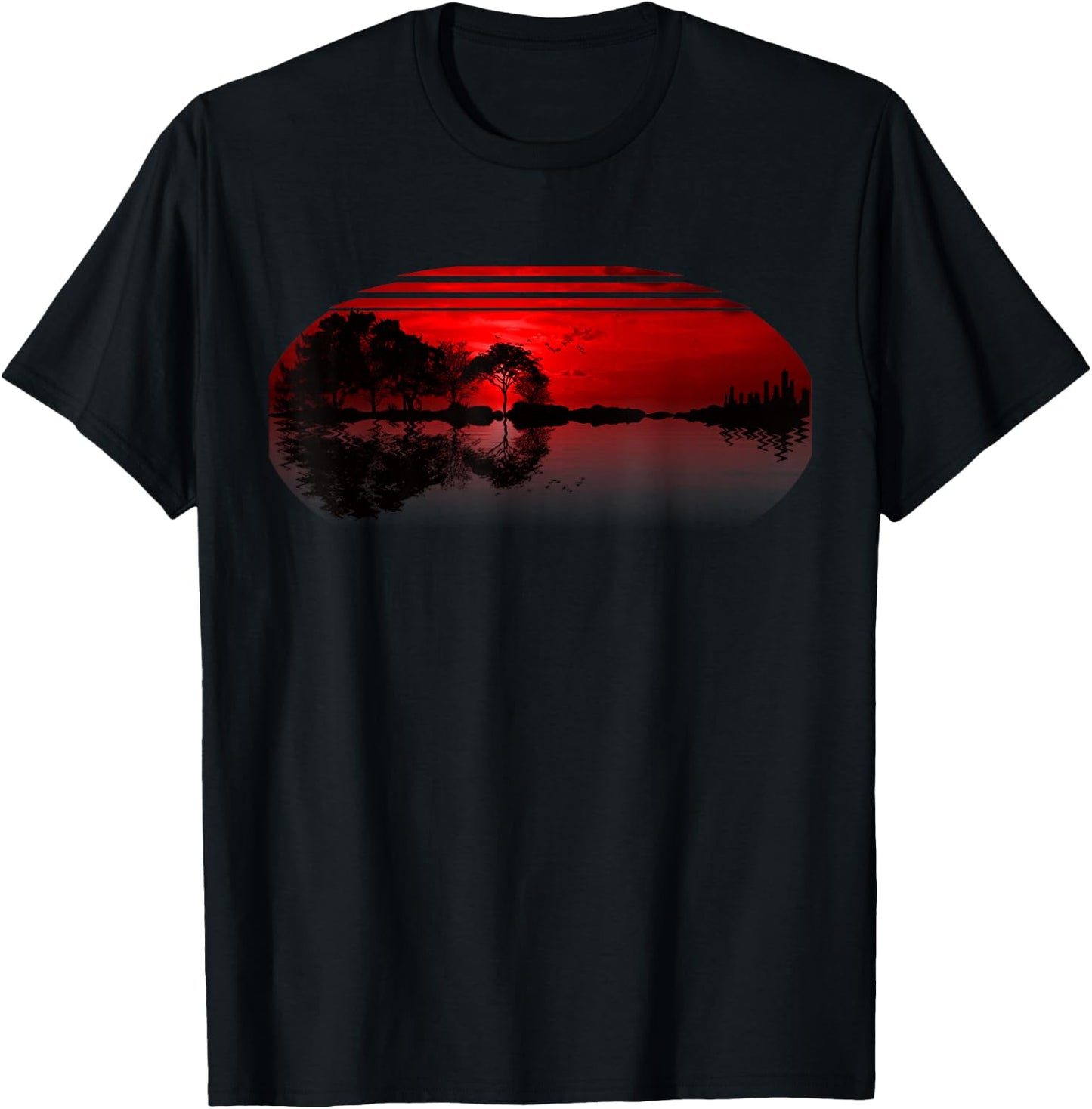 Guitar Sunset Sky Trees City Lake Reflection Special Design T-Shirt - T-Shirt | Black