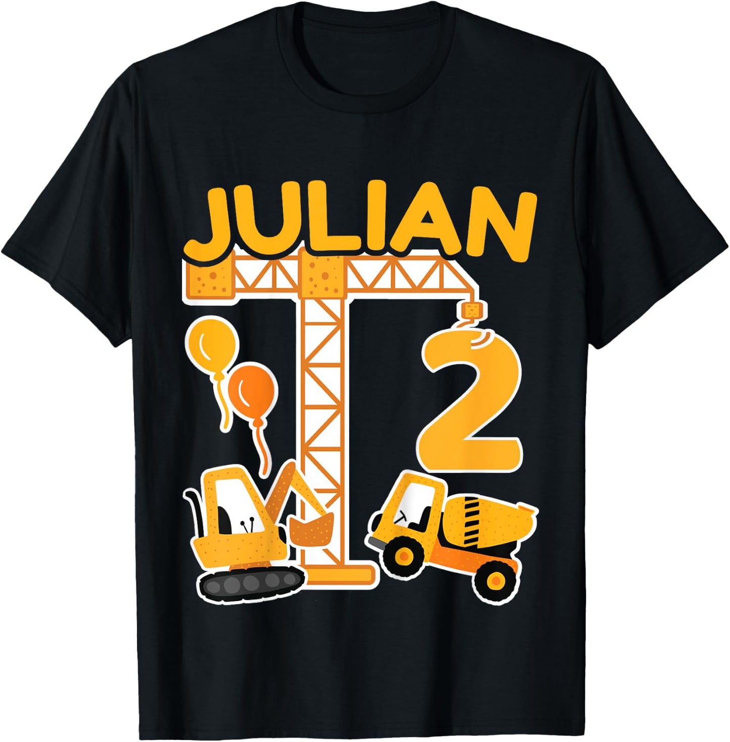 Children's 2nd Birthday First Name Julian Excavator Decoration Gift Boys , black T-Shirt - T-Shirt | Black