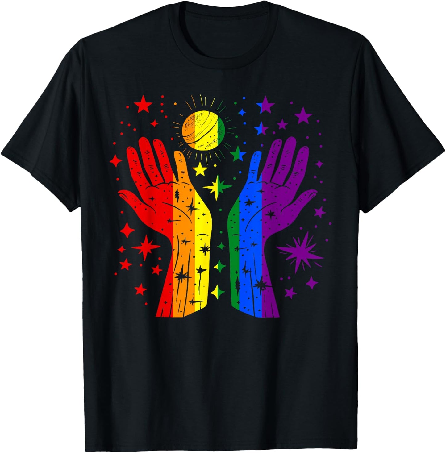 Rainbow Hands with Sun and Stars Gay Pride LGBT T-Shirt - T-Shirt | Black