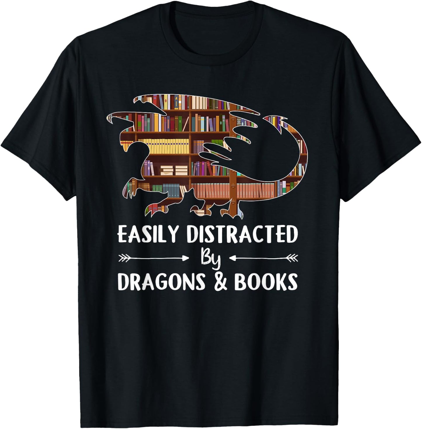 Easily Distracted by Dragon and Books Funny T-Shirt - T-Shirt | Black