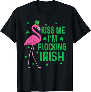 Kiss Me I'm Flocking Irish Flamingo Funny St Patricks Day T-Shirt - T-Shirt | Black