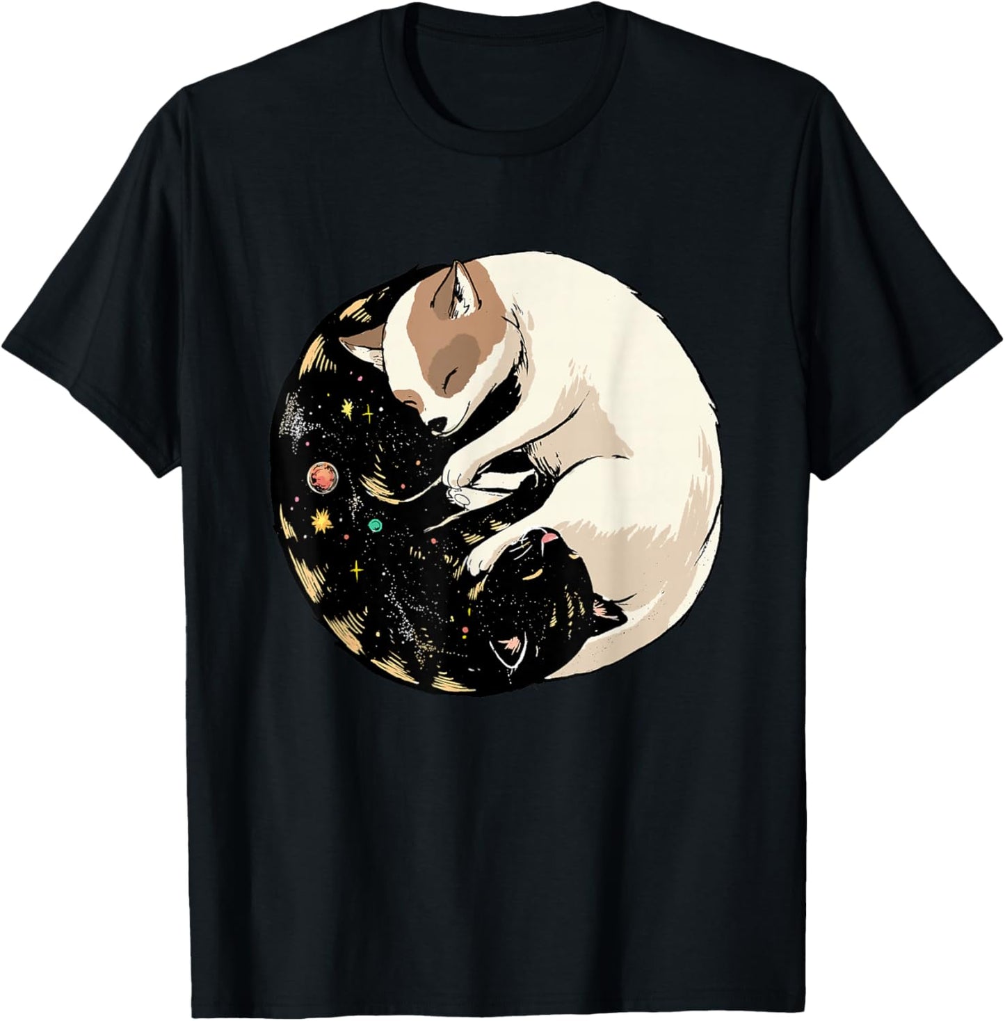 Space Cat Dog Shirt Yin Yang Cat Dog Meditation Astronomy T-Shirt - T-Shirt | Black