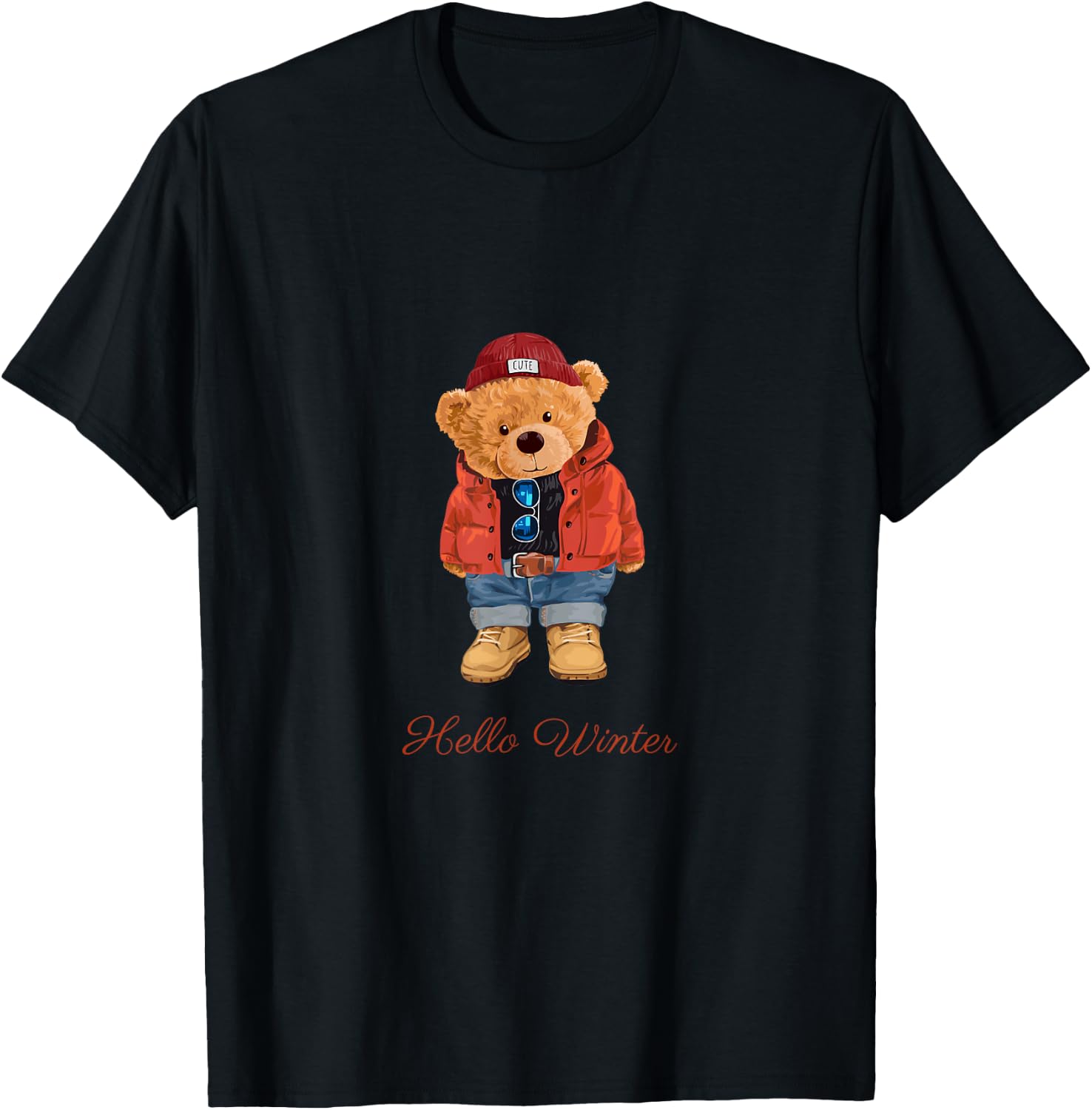 Hello Winter Cool Teddy Bear Cartoon Graphic Designs Fun T-Shirt - T-Shirt | Black